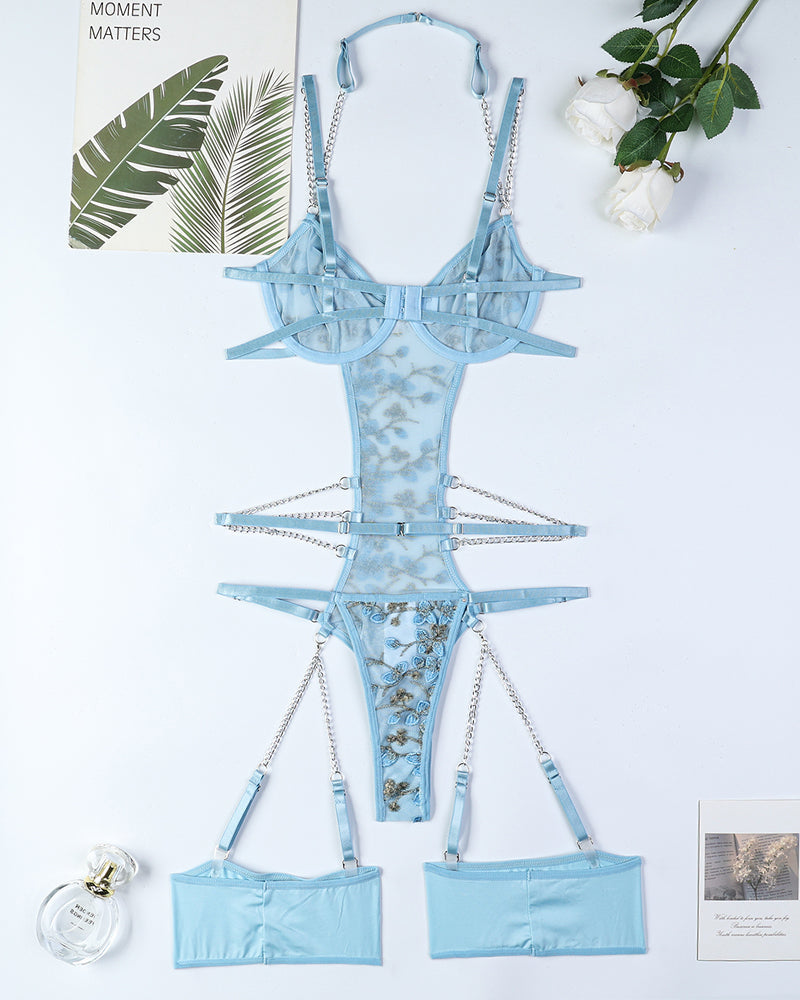 Lace Embroidered Chain Bodysuits Light Blue Avidlove-Bodysuits - Tophatter Daily Deals