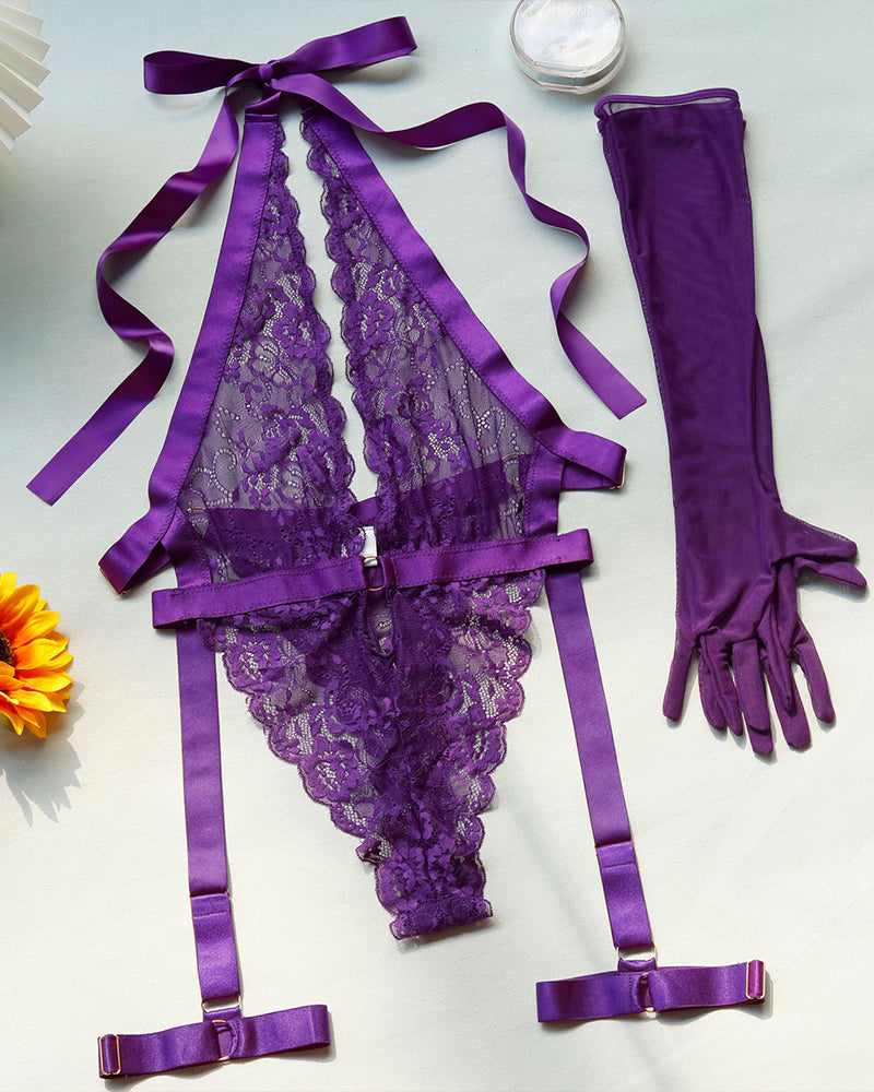 Lace Halter Bodysuits with Gloves Purple Avidlove-Bodysuits - Tophatter Daily Deals