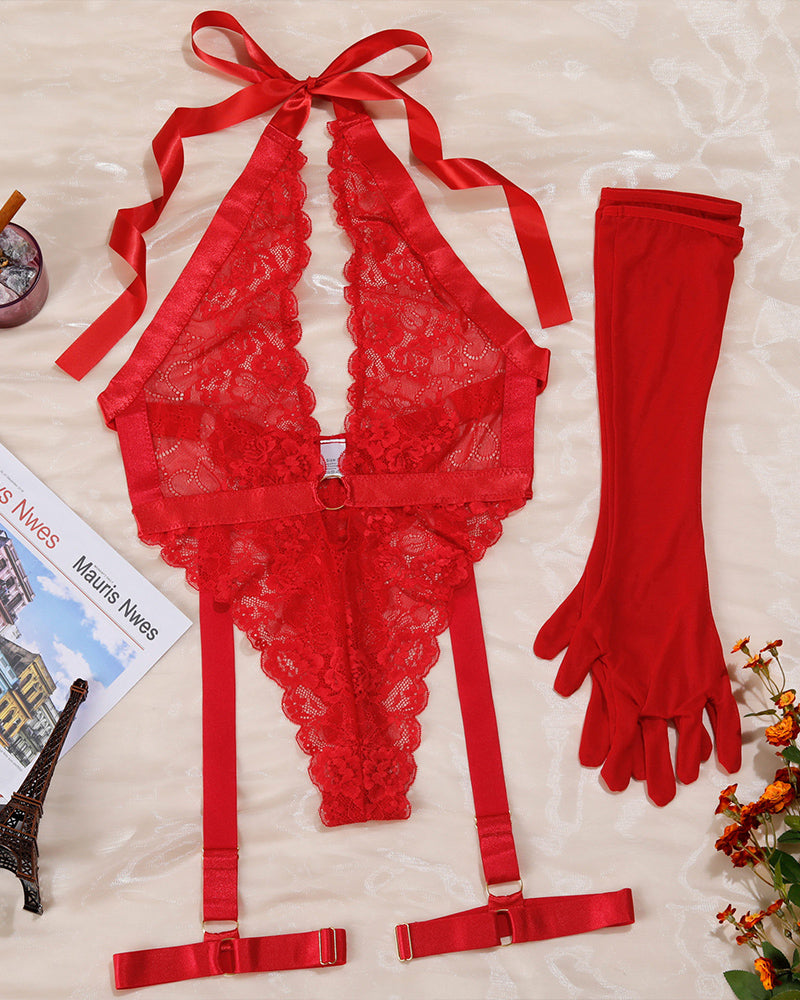 Lace Halter Bodysuits with Gloves Red Avidlove-Bodysuits - Tophatter Daily Deals