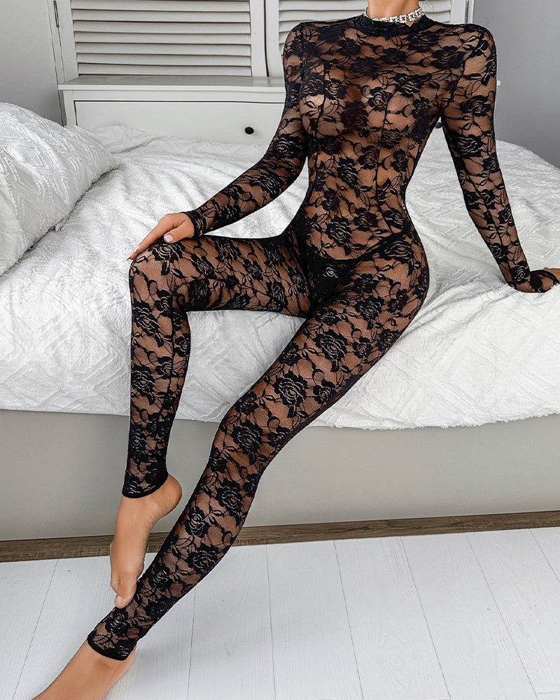 Floral Lace Unitard Jumpsuit Black Avidlove-Bodysuits - Tophatter Daily Deals