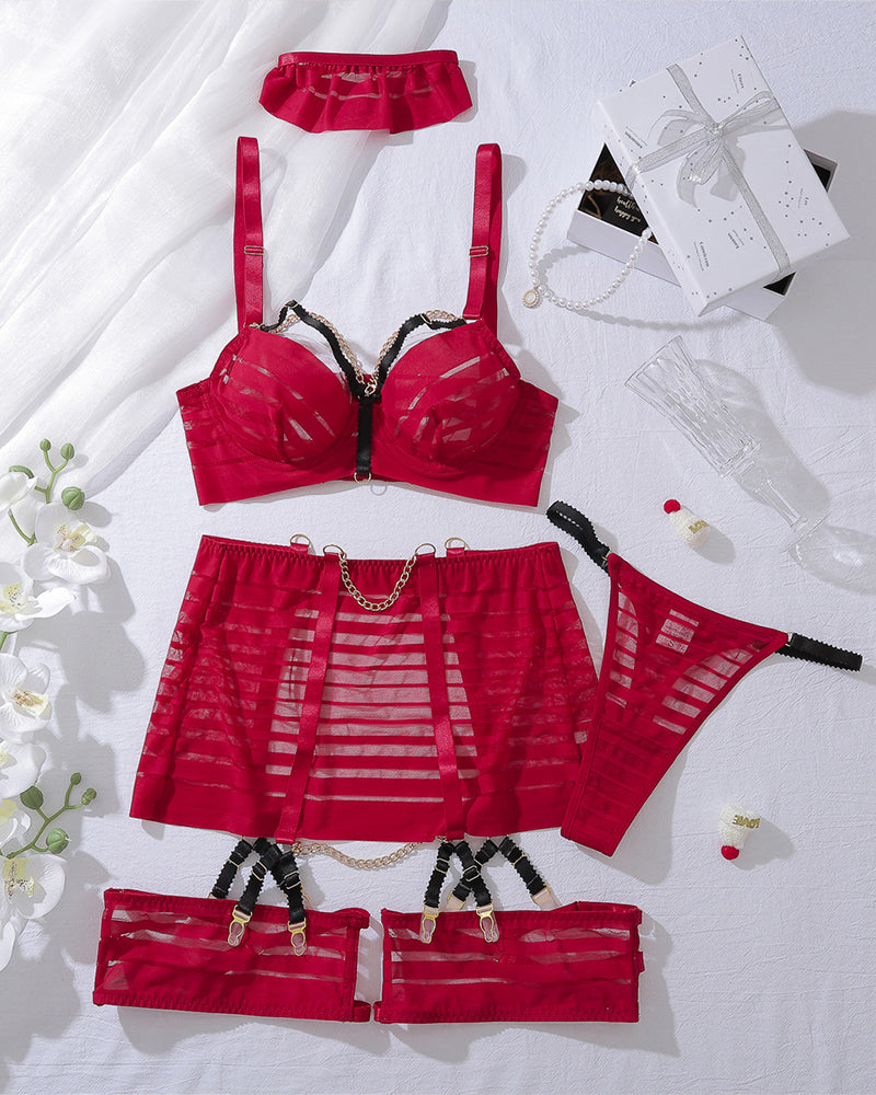 Metal Chain Bra Skirt Three-piece Set Wine Red Avidlove-Bra Sets - Tophatter Daily Deals