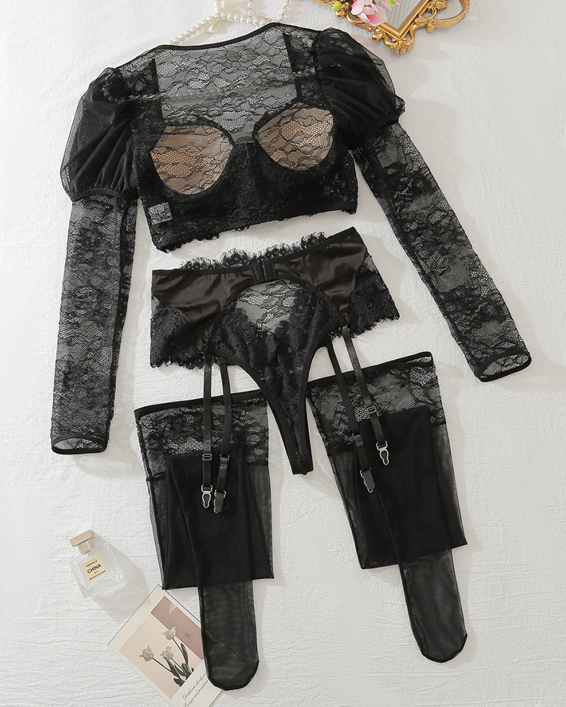 Long Sleeve Lingerie Sets with Lace Stockings Black Avidlove-Bra Sets - Tophatter Daily Deals