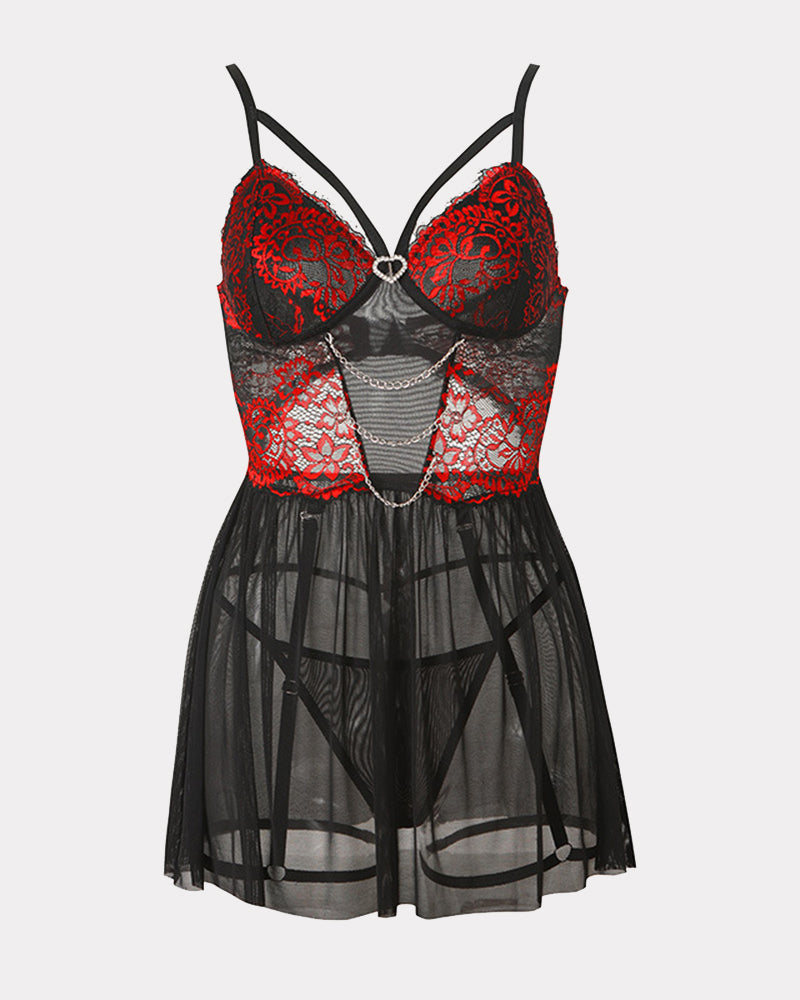 Lace Babydoll Chain Push Up with Garter Belt Black Red Avidlove-Babydolls - Tophatter Daily Deals