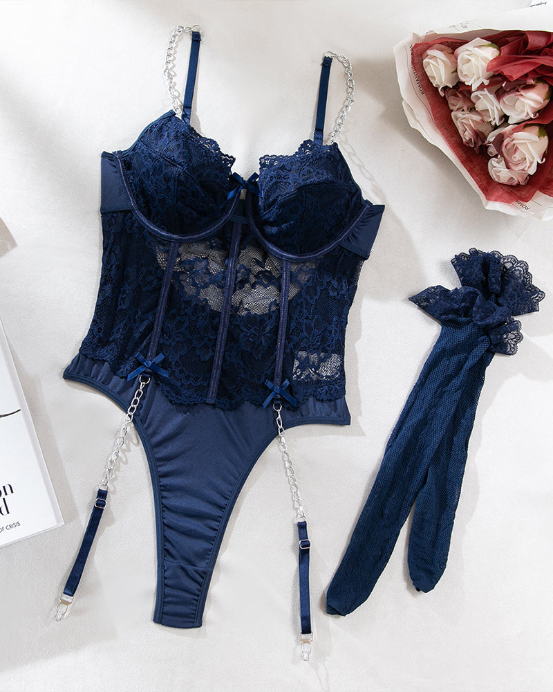 Chain Lace Bodysuits With Stockings Navy Blue Avidlove-Bodysuits - Tophatter Daily Deals