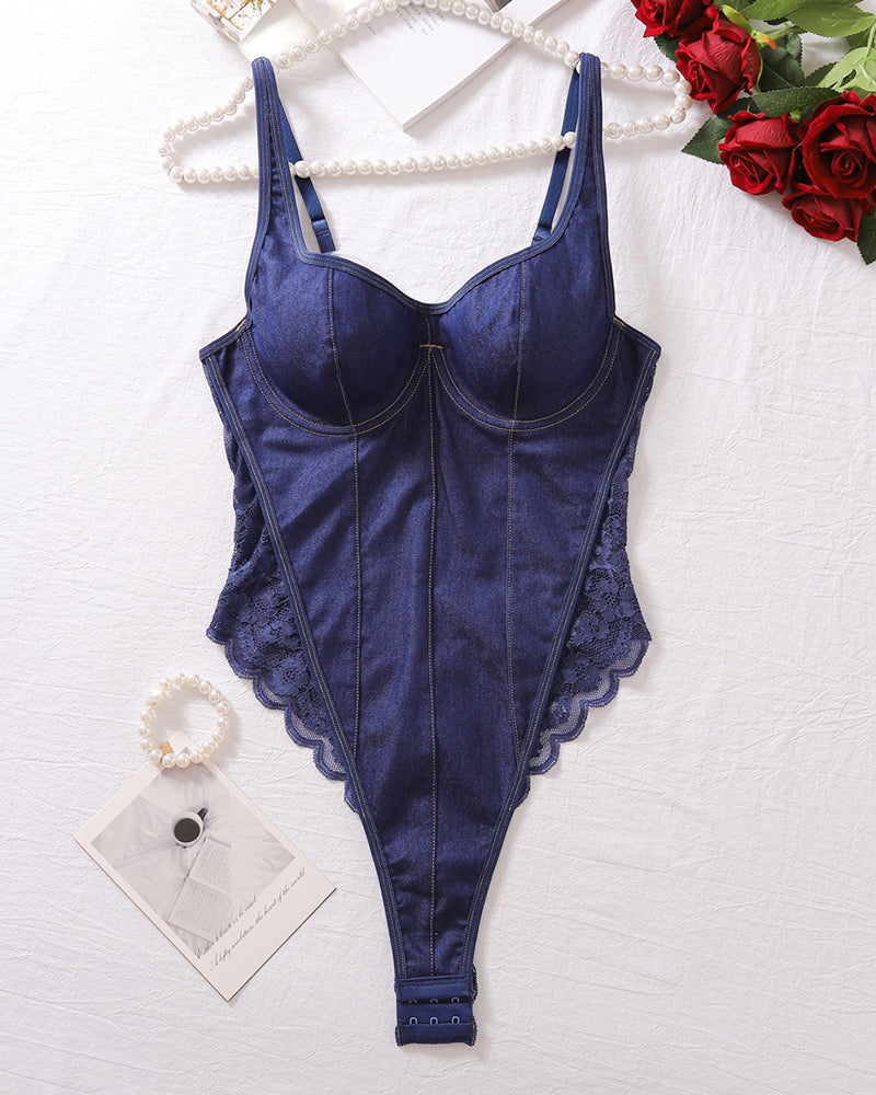 Backless Lace Denim Bodysuits Blue Avidlove-Bodysuits - Tophatter Daily Deals