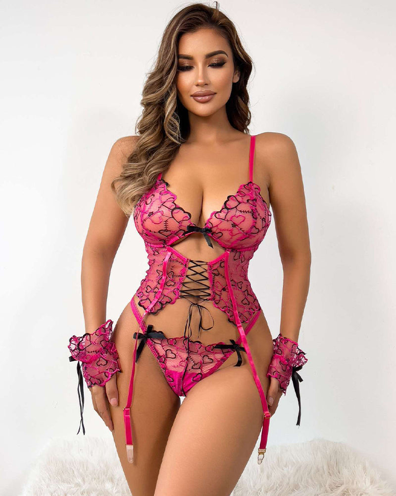 Heart Embroidered Sheer Corset Sets Rose Red Avidlove-Corset - Tophatter Daily Deals