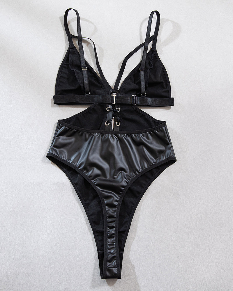 PU Leather Lace-up Cutout Bodysuit Avidlove-Bodysuits - Tophatter Daily Deals