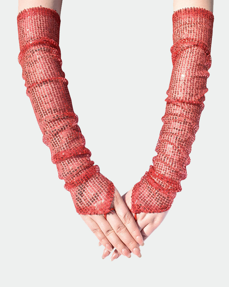 Sequin Fingerless Floral Gloves Red One Size Avidlove-Accessory - Tophatter Daily Deals