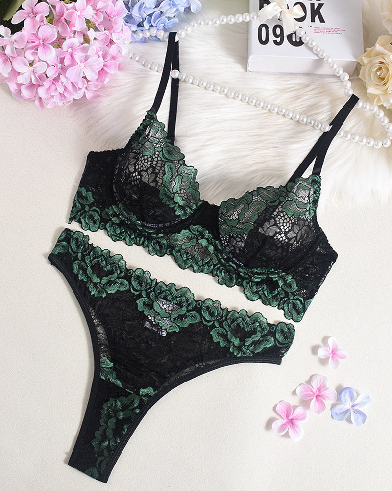 Color Trim Lace Underwire Bra Panty Sets Dark Green Avidlove-Corset - Tophatter Daily Deals