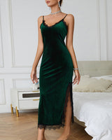 Deep V Lace Trim Side Slit Velvet Dress Avidlove-Nightgown - Tophatter Daily Deals