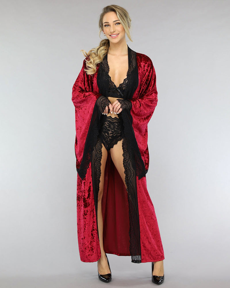 Velvet Belted Robe with Lace Trim Wine Red Avidlove-Nightgown - Tophatter Daily Deals