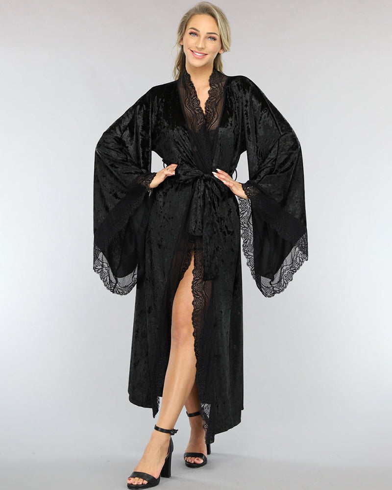 Velvet Belted Robe with Lace Trim Black Avidlove-Nightgown - Tophatter Daily Deals