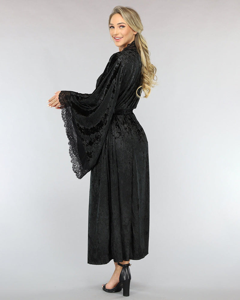 Velvet Belted Robe with Lace Trim Avidlove-Nightgown - Tophatter Daily Deals