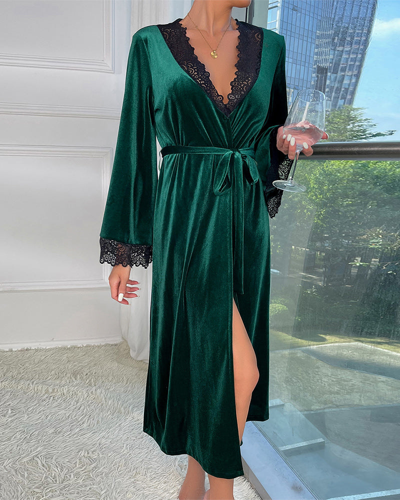 Velvet Belted Mid-Robe with Lace Trim Avidlove-Nightgown - Tophatter Daily Deals