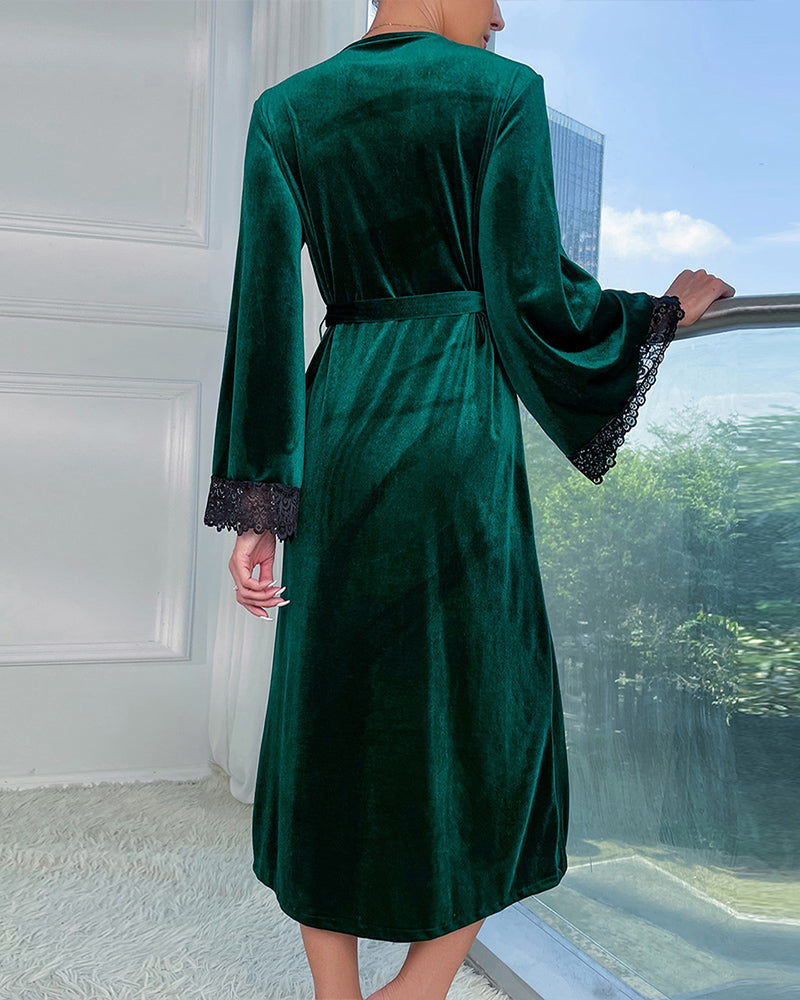 Velvet Belted Mid-Robe with Lace Trim Avidlove-Nightgown - Tophatter Daily Deals