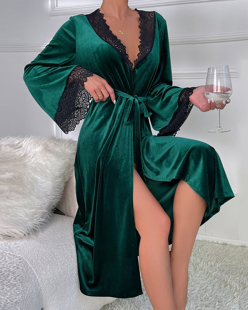 Velvet Belted Mid-Robe with Lace Trim Avidlove-Nightgown - Tophatter Daily Deals