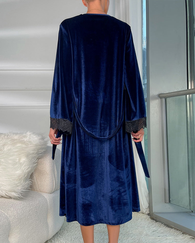 Velvet Belted Mid-Robe with Lace Trim Avidlove-Nightgown - Tophatter Daily Deals
