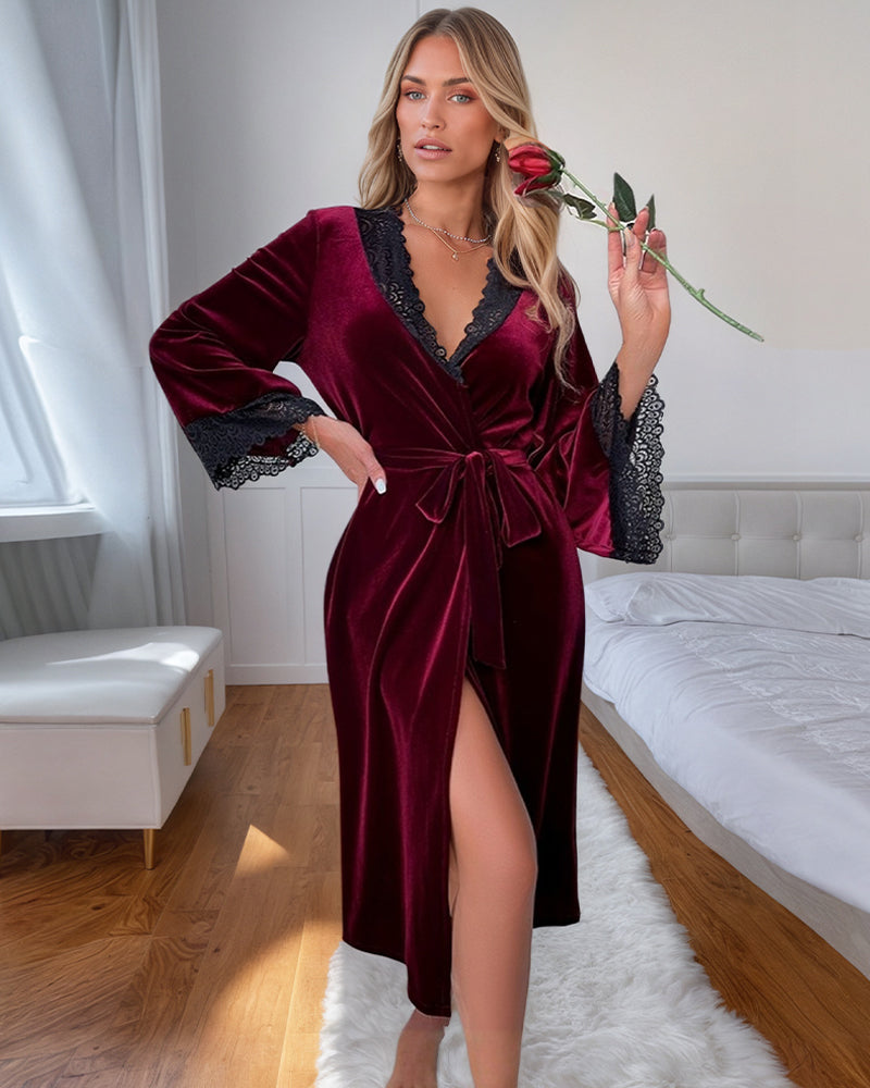 Velvet Belted Mid-Robe with Lace Trim Wine Red Avidlove-Nightgown - Tophatter Daily Deals