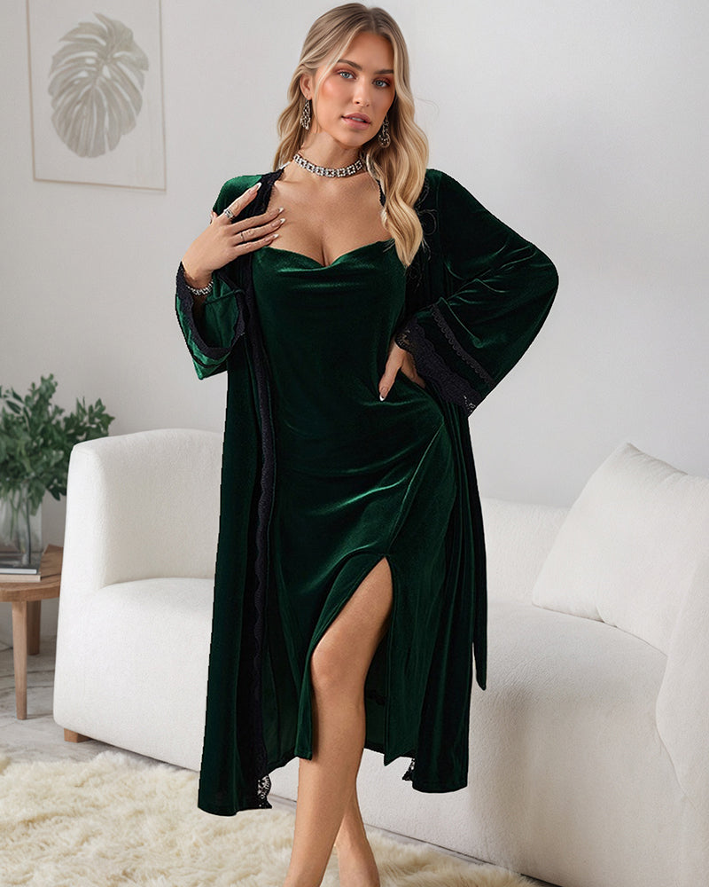 Deep V Neck Side Slit Velvet Dress Set Dark Green Dress+Robe (Save $15) Avidlove-Nightgown - Tophatter Daily Deals