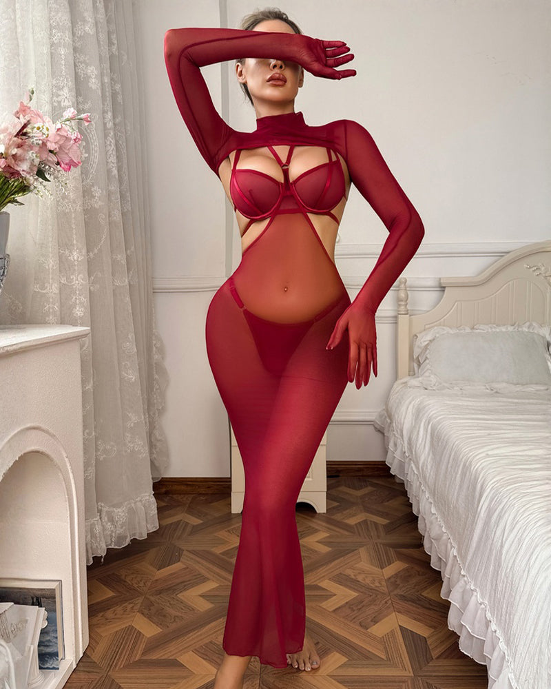 4 Pcs Red Sheer Mesh Lingerie Dress Sets Wine Red Avidlove-Nightgown - Tophatter Daily Deals