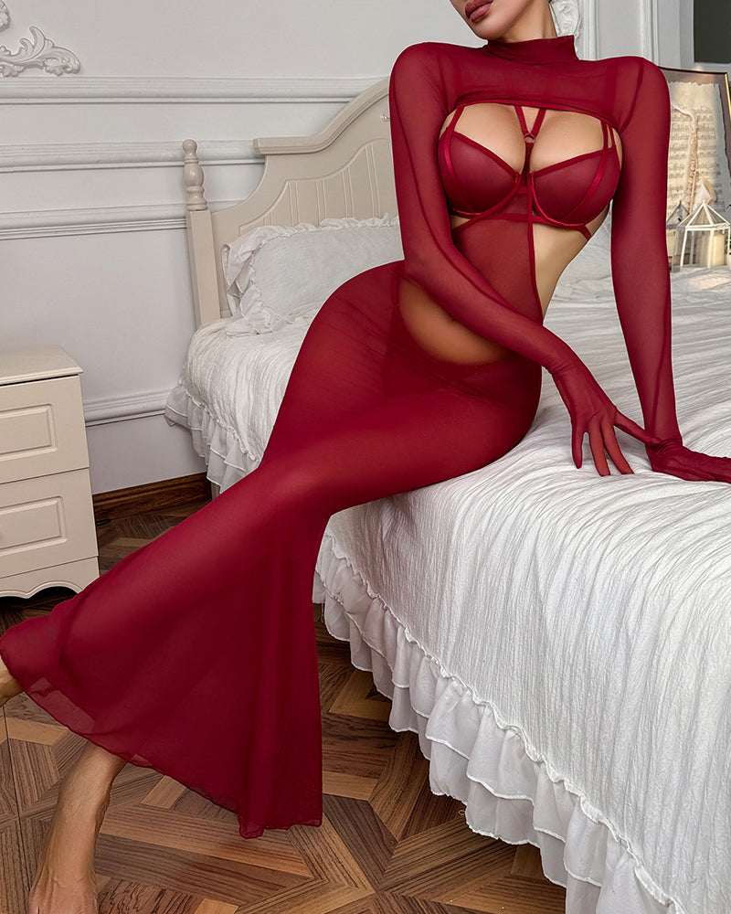 4 Pcs Red Sheer Mesh Lingerie Dress Sets Avidlove-Nightgown - Tophatter Daily Deals