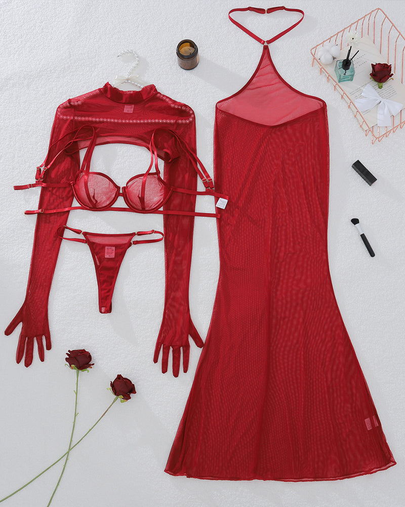 4 Pcs Red Sheer Mesh Lingerie Dress Sets Avidlove-Nightgown - Tophatter Daily Deals