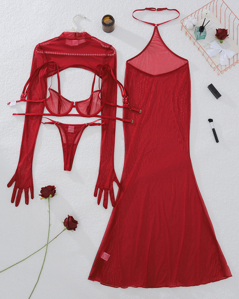 4 Pcs Red Sheer Mesh Lingerie Dress Sets Avidlove-Nightgown - Tophatter Daily Deals