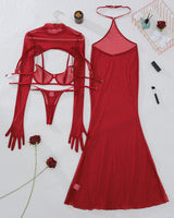4 Pcs Red Sheer Mesh Lingerie Dress Sets Avidlove-Nightgown - Tophatter Daily Deals