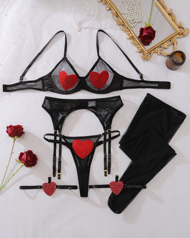 Sheer Mesh Red Heart Bra Panty Sets+Stockings Black Avidlove-Bra Sets - Tophatter Daily Deals