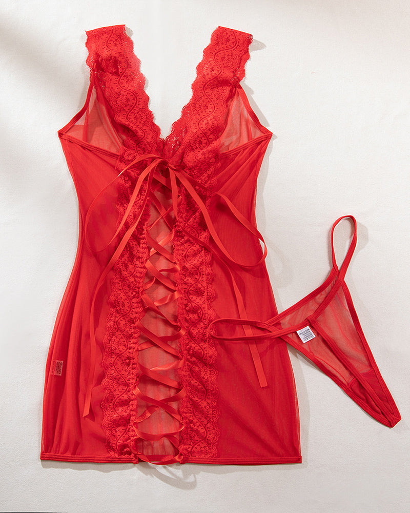 Deep V Neck Backless Lace-up Slip Dress Red Avidlove-Chemises - Tophatter Daily Deals