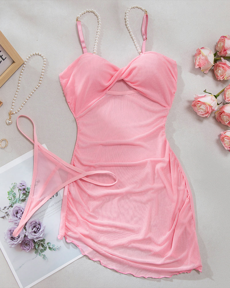Pearl Strap Hollow Mesh Slip Dress Pink Avidlove-Chemises - Tophatter Daily Deals