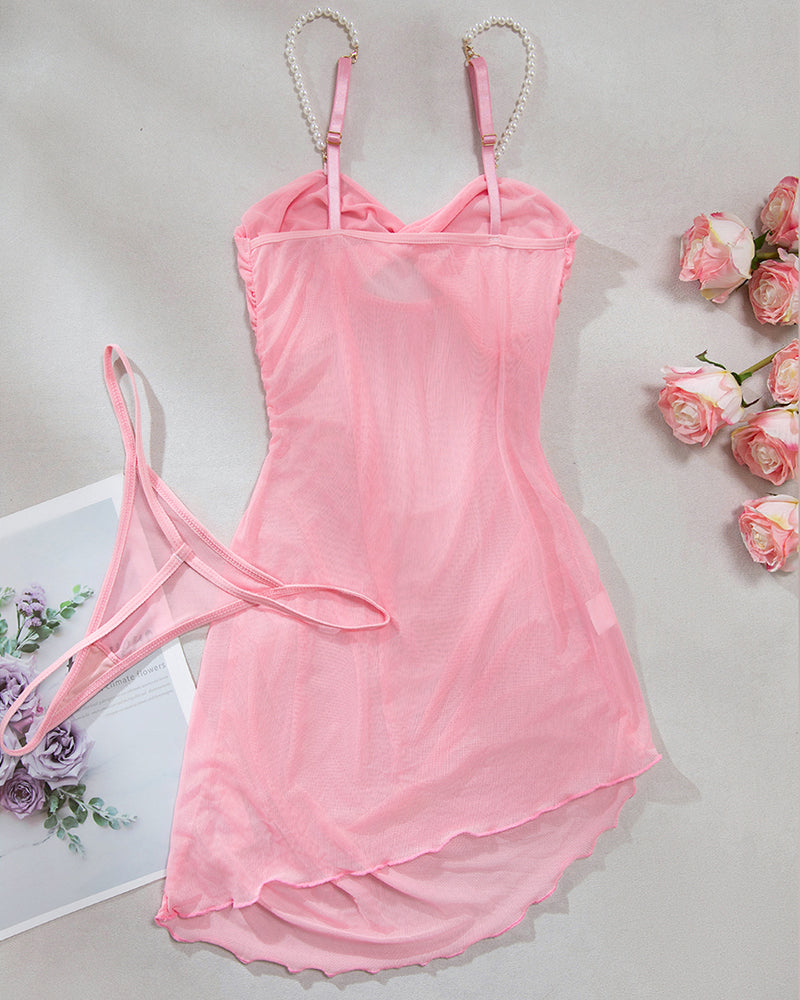 Pearl Strap Hollow Mesh Slip Dress Avidlove-Chemises - Tophatter Daily Deals