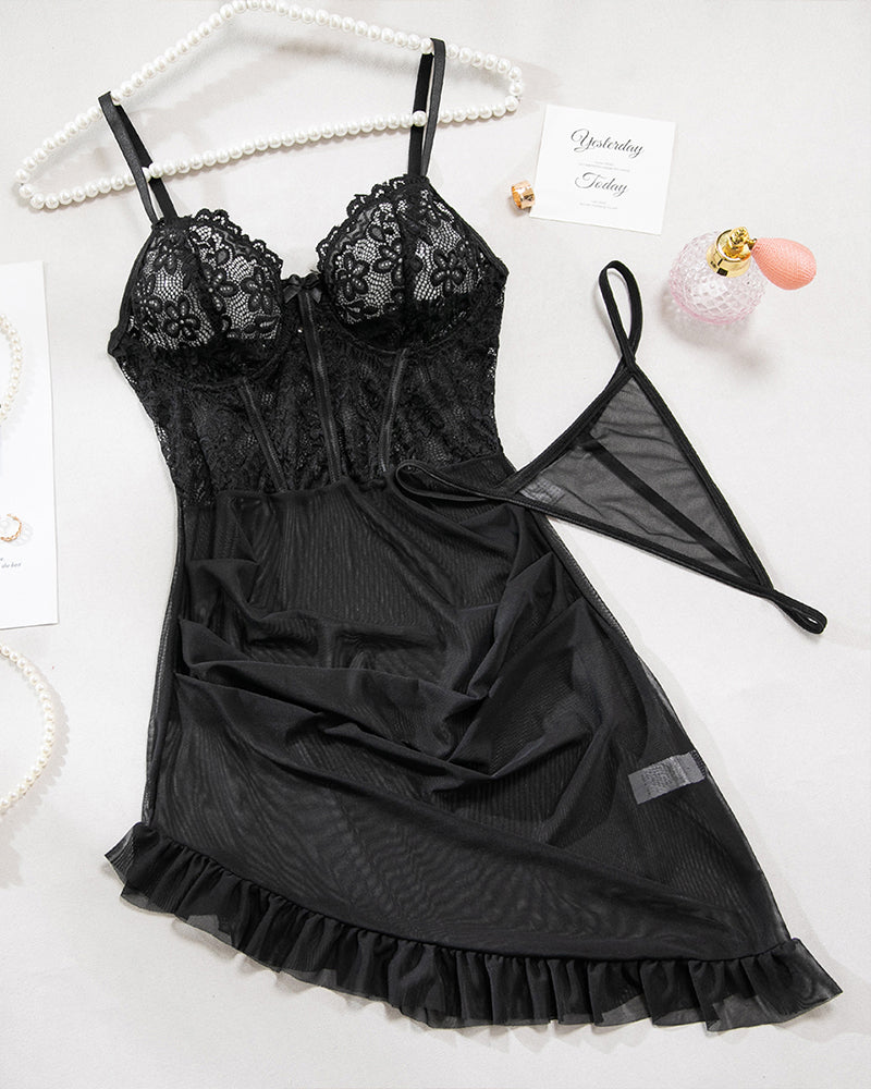 Floral Embroidery Mesh Lingerie Set Black Avidlove-Chemises - Tophatter Daily Deals