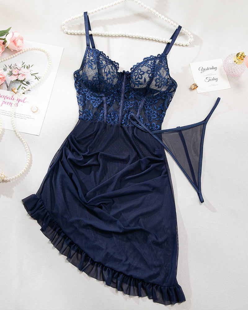 Floral Embroidery Mesh Lingerie Set Navy Blue Avidlove-Chemises - Tophatter Daily Deals