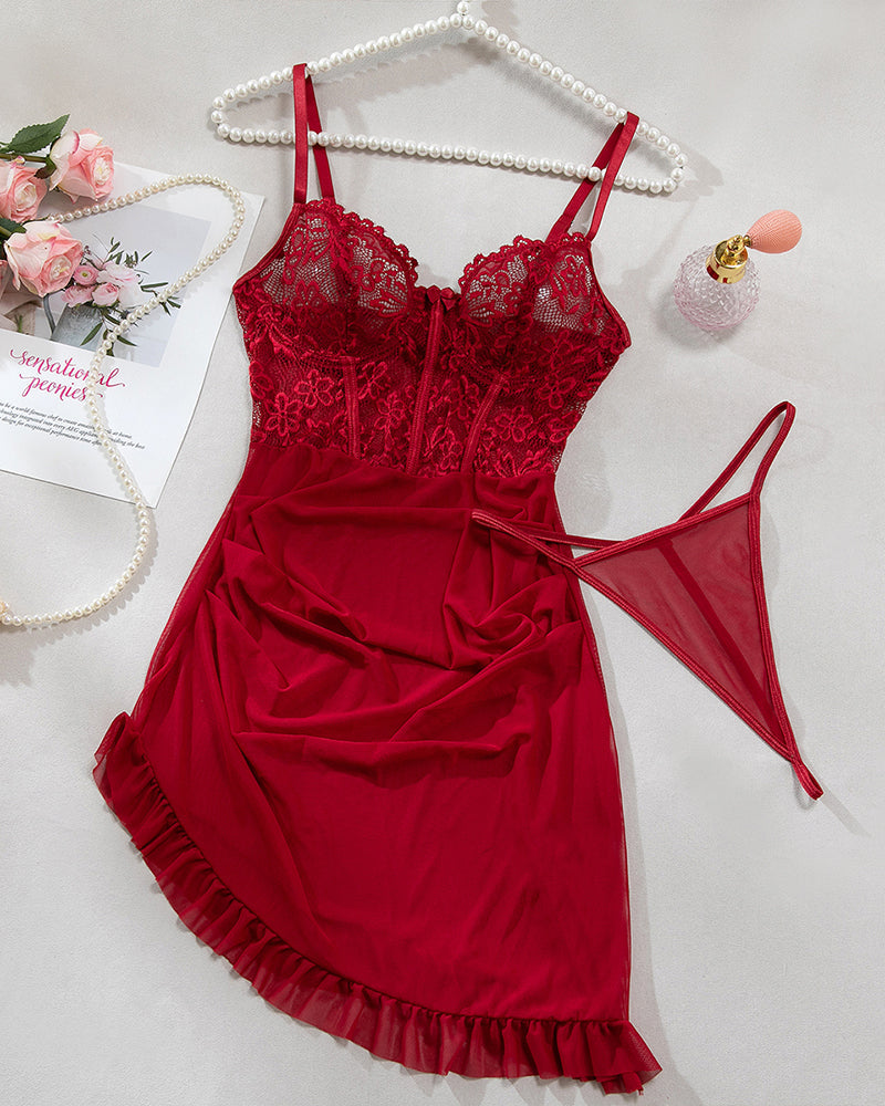Floral Embroidery Mesh Lingerie Set Wine Red Avidlove-Chemises - Tophatter Daily Deals
