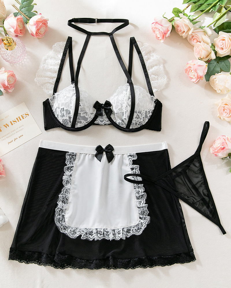 Maid Costume Lace Halter Bra Mesh Skirt Set Black Avidlove-Skirt Set - Tophatter Daily Deals
