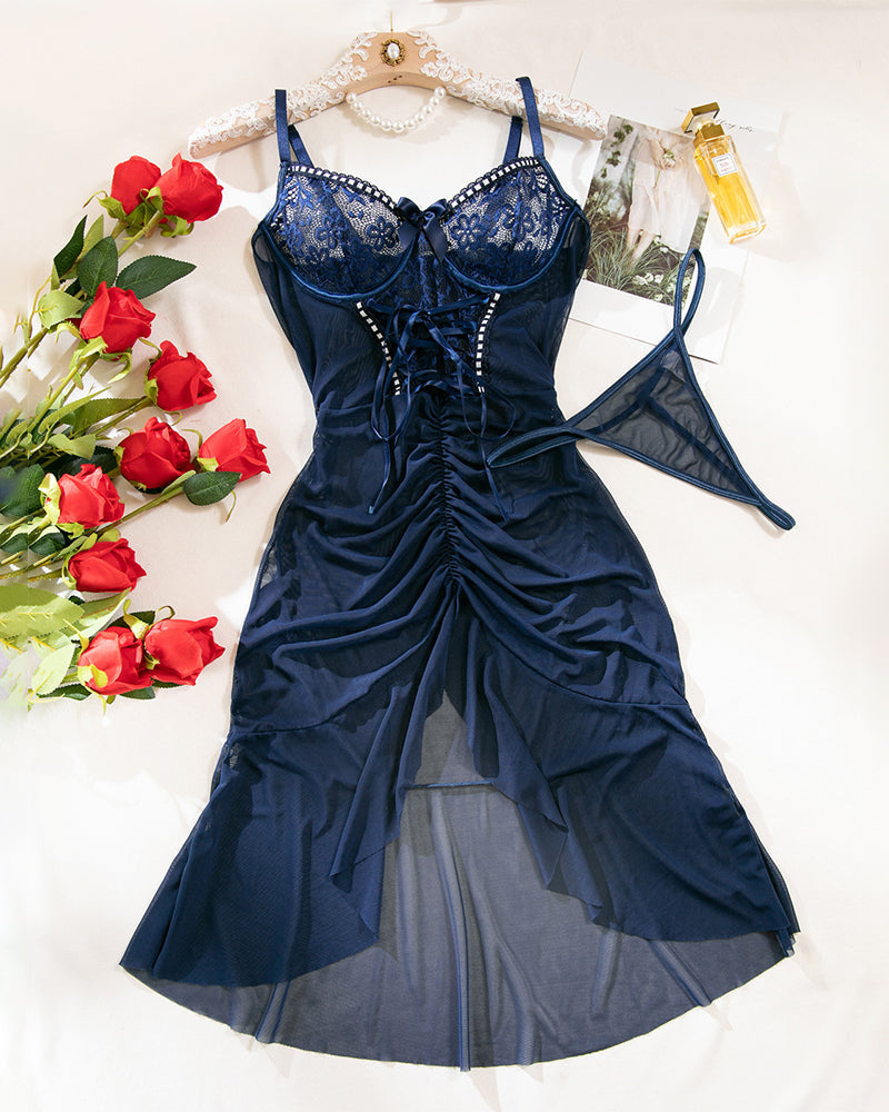 Ruffle Sheer Bodycon Mesh Lace Floral Dress Navy Blue Avidlove-Chemises - Tophatter Daily Deals