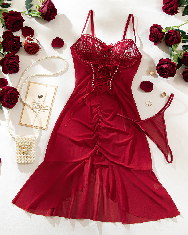 Ruffle Sheer Bodycon Mesh Lace Floral Dress Wine Red Avidlove-Chemises - Tophatter Daily Deals