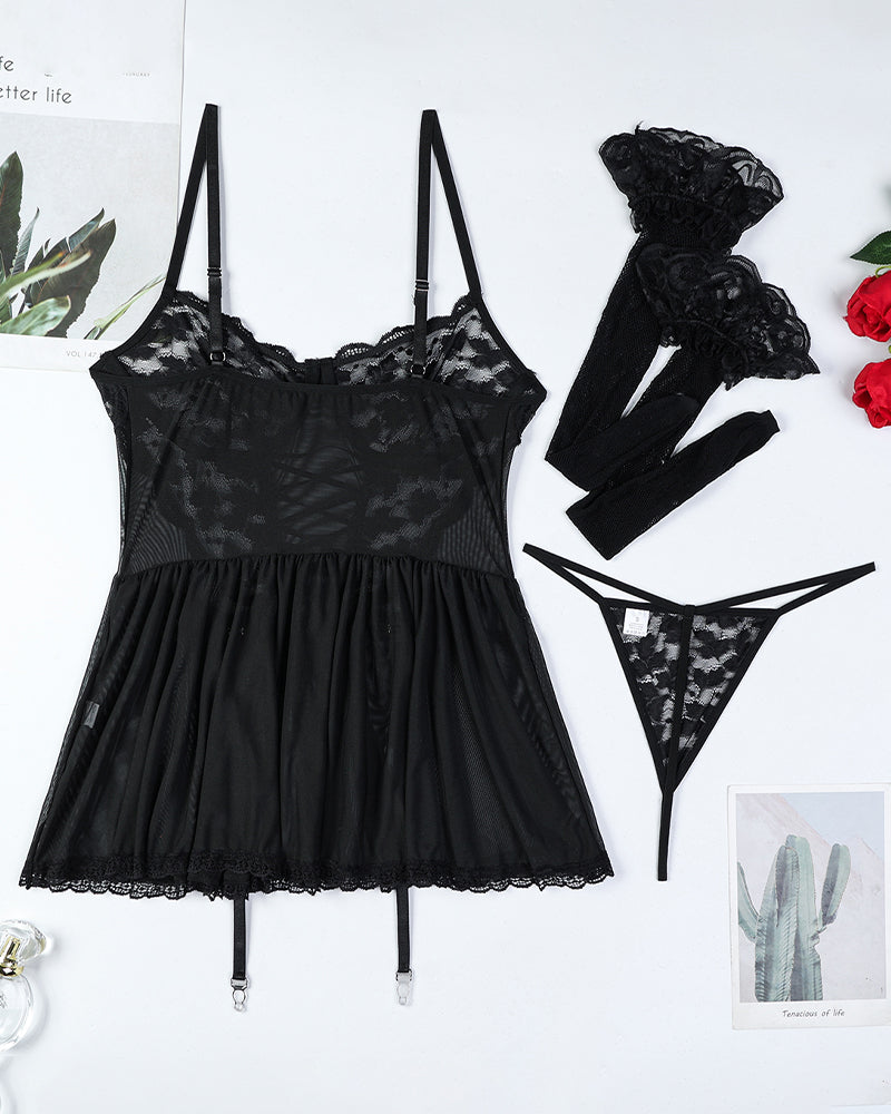 Floral Lace Mesh Babydoll Slip Dress + Stockings Avidlove-Chemises - Tophatter Daily Deals