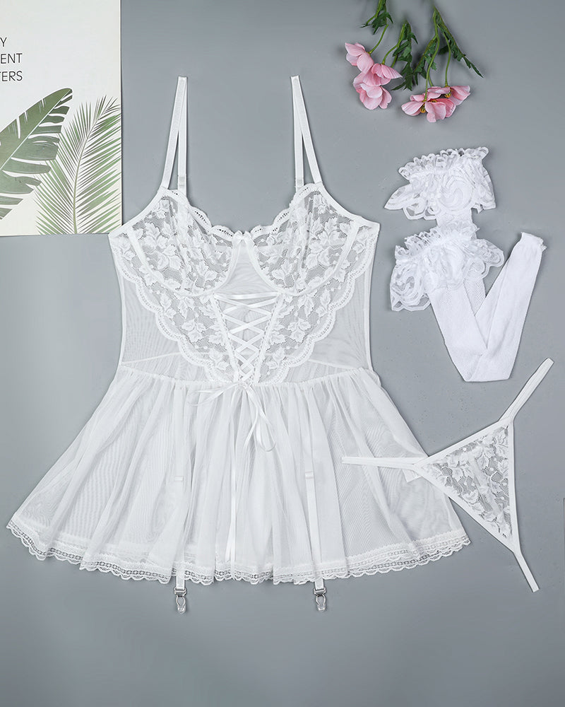 Floral Lace Mesh Babydoll Slip Dress + Stockings White Avidlove-Chemises - Tophatter Daily Deals