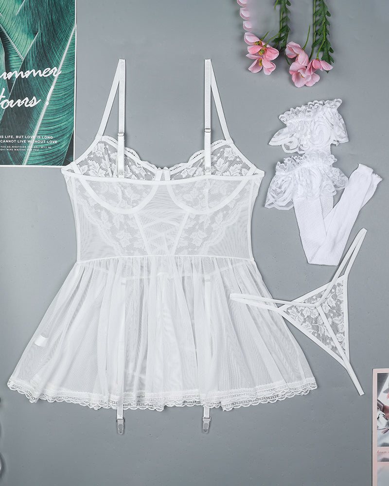 Floral Lace Mesh Babydoll Slip Dress + Stockings Avidlove-Chemises - Tophatter Daily Deals