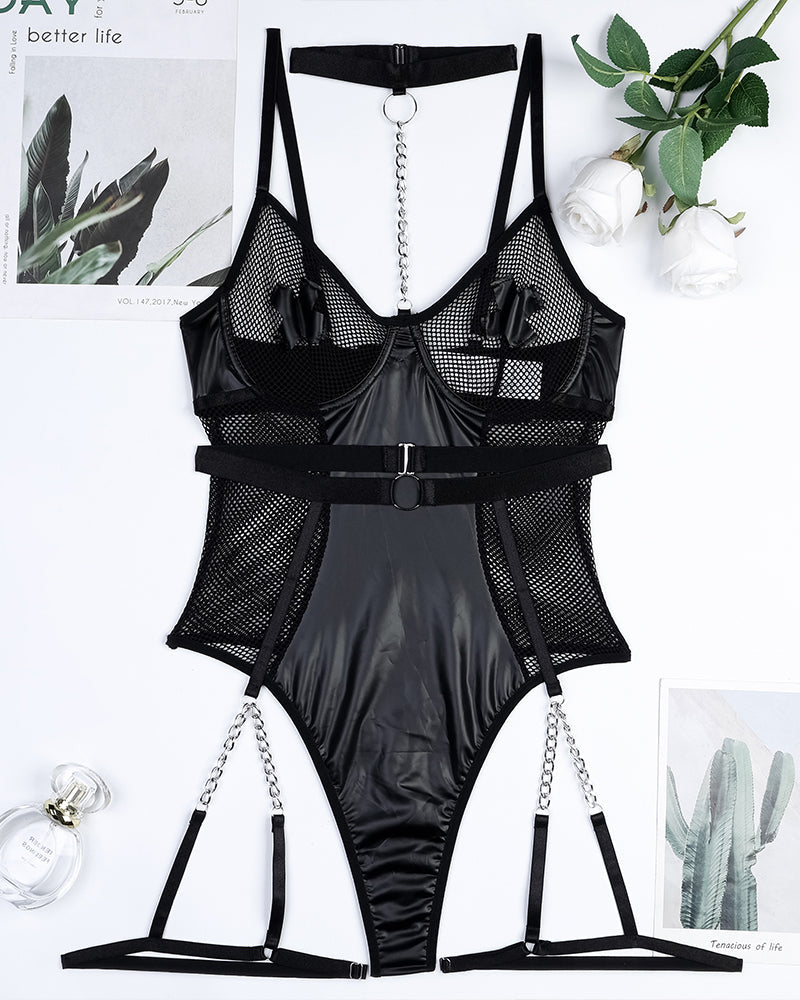 Metal Buckle Chain Leather Bodysuits Black Avidlove-Bodysuits - Tophatter Daily Deals