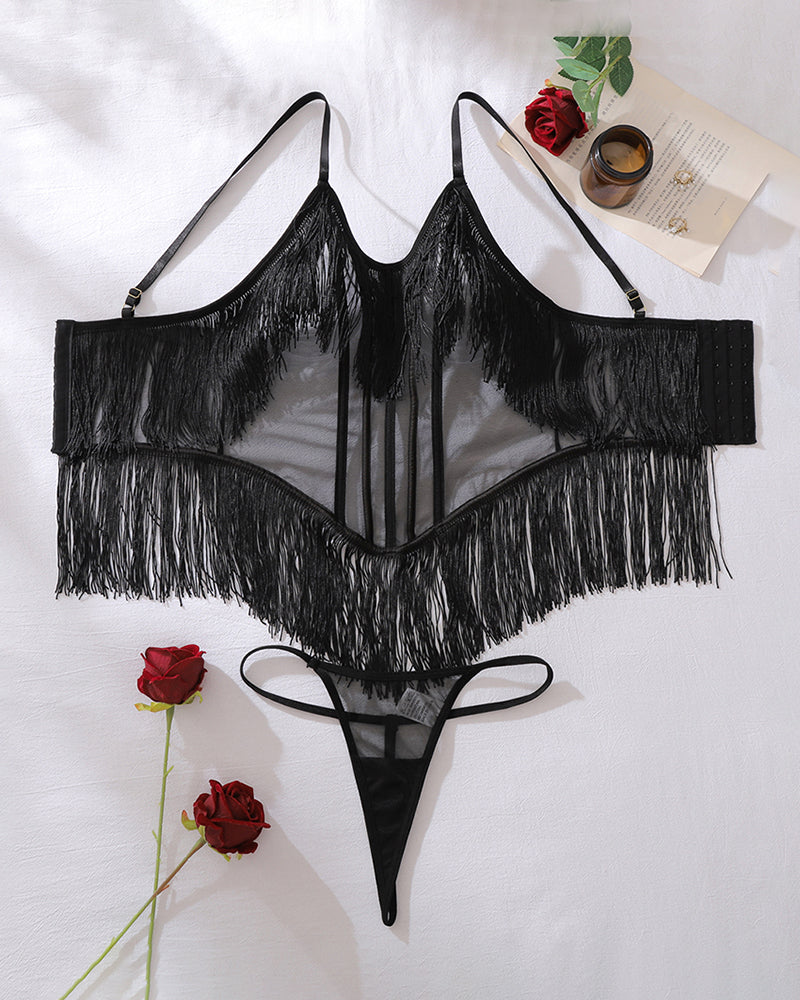 Fringe Trim Mesh Bodysuit Black Avidlove-Bodysuits - Tophatter Daily Deals
