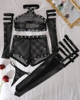 Fishnet Halter Lingerie Set+Gloves+Stockings Black Avidlove-Bodysuits - Tophatter Daily Deals