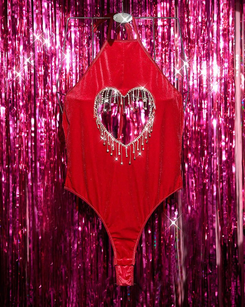 Velvet Rhinestone Heart Cut Out Bodysuit Avidlove-Bodysuits - Tophatter Daily Deals