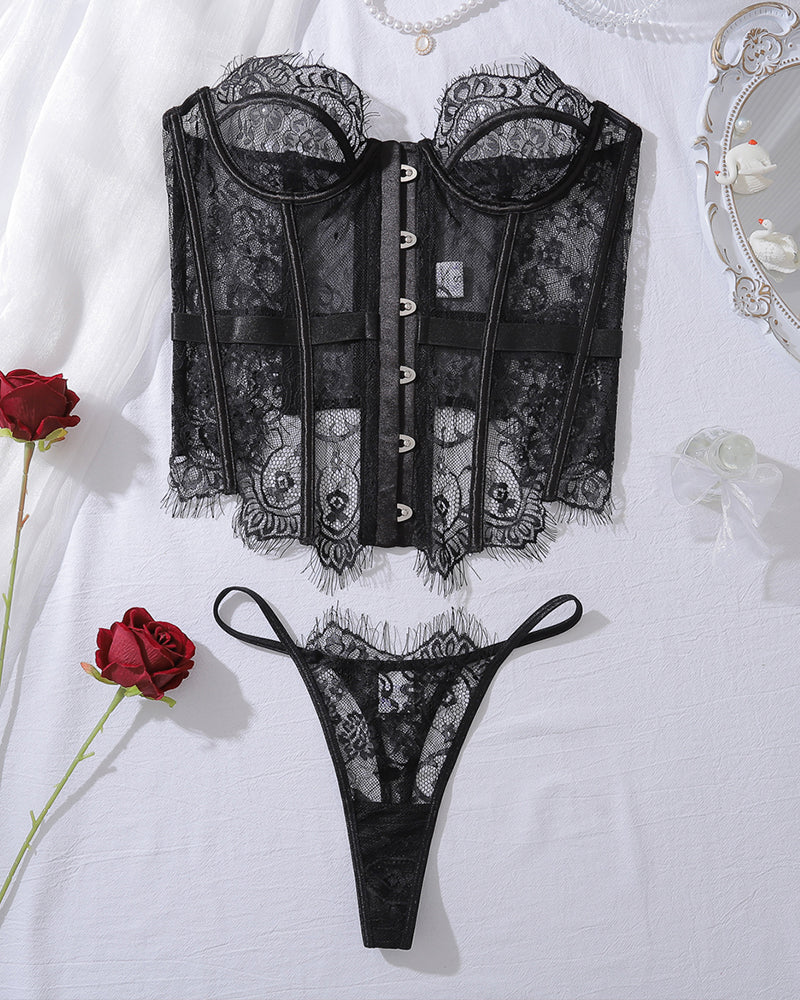 Corset Top and Panty Set with Lace Hollow Out Black Avidlove-Corset - Tophatter Daily Deals