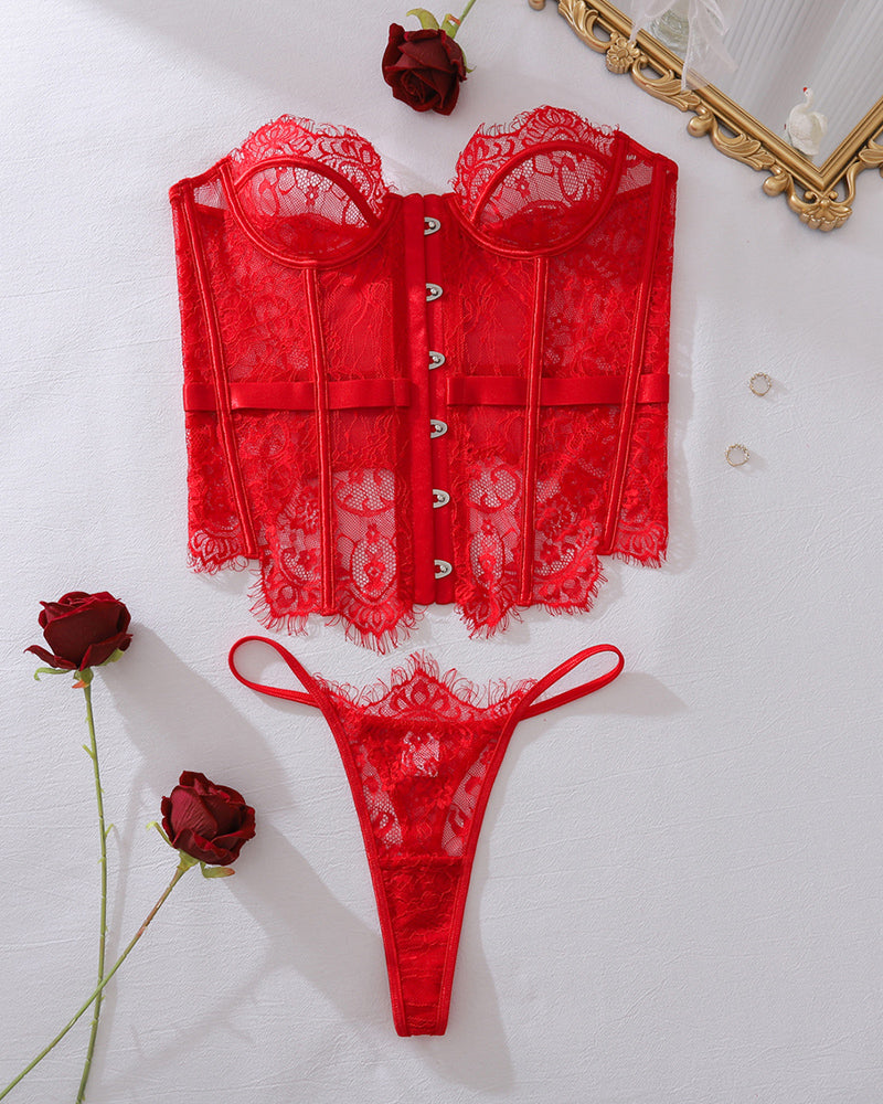 Corset Top and Panty Set with Lace Hollow Out Red Avidlove-Corset - Tophatter Daily Deals