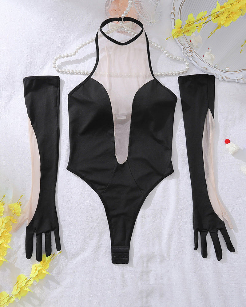 Plunging Nude Mesh Panel Bodysuit Black Avidlove-Bodysuits - Tophatter Daily Deals