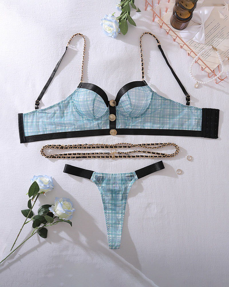 Plaid Lingerie Set with Waist Chain Blue Avidlove-Bra Sets - Tophatter Daily Deals