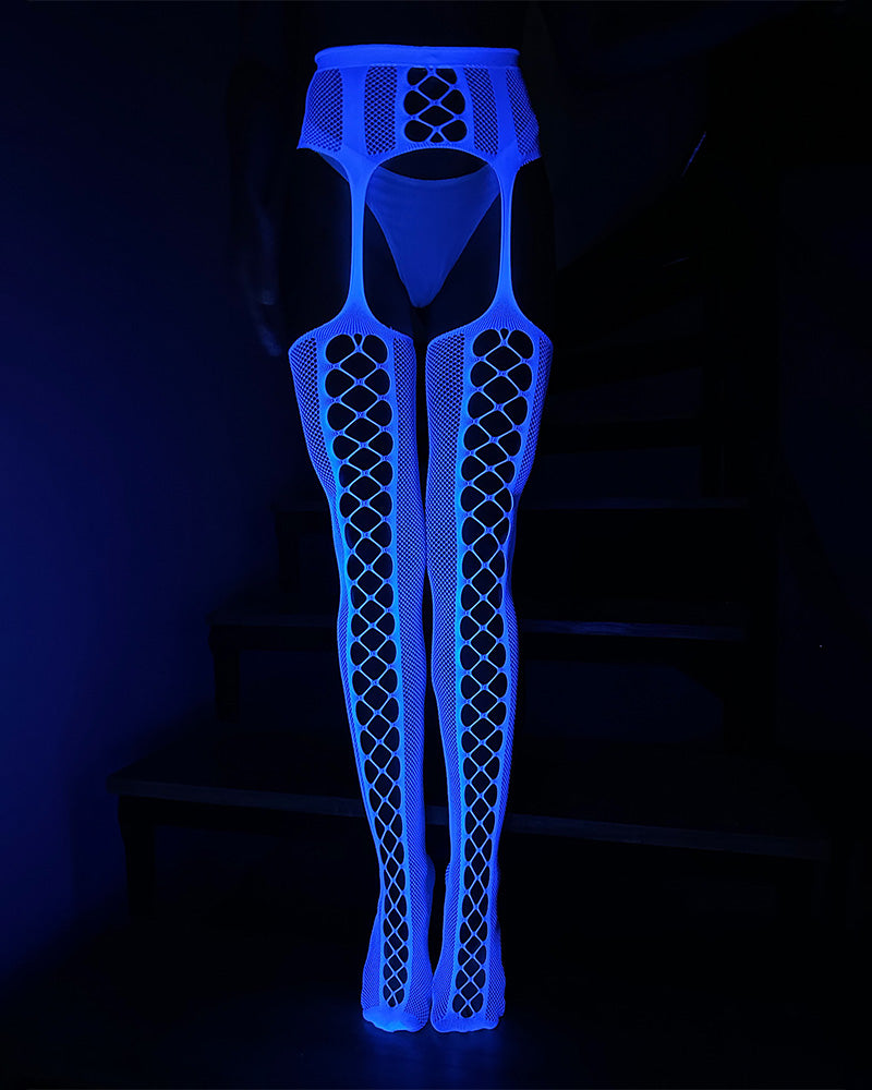 Crotchless Luminous Lace Garter Stockings White(Blue) One Size (fits 88-160lb) Accessories - Tophatter Daily Deals